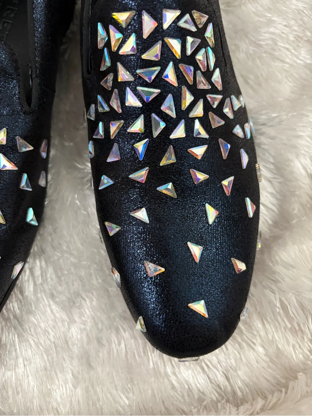 Moretti Black Label loafers featuring black studded iridescent accents size 9.5